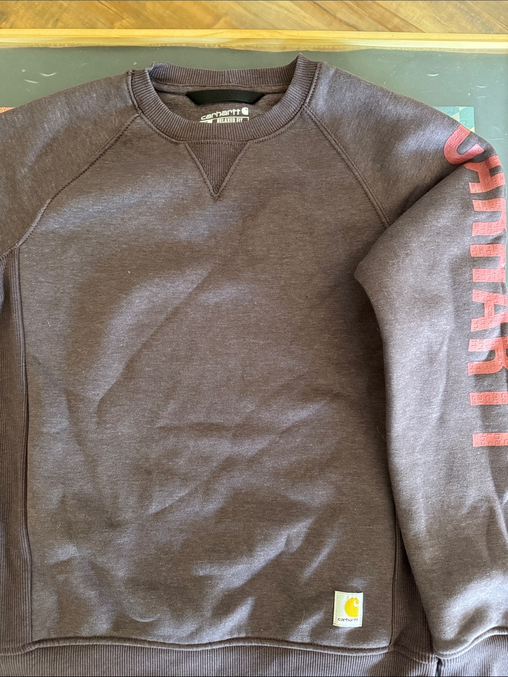 Carhartt Brown Crew Sweatshirt with Red Sleeve Script